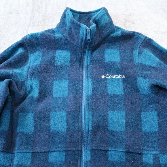 Columbia Mens Fleece Jacket Casual Drawstring Waist Zip Up Checkered Blue - Picture 2 of 16